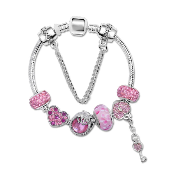 Rhinestone Heart & Bead Alloy Plated Bracelet with Happy Lock Pendant(16cm) - RnR Galore