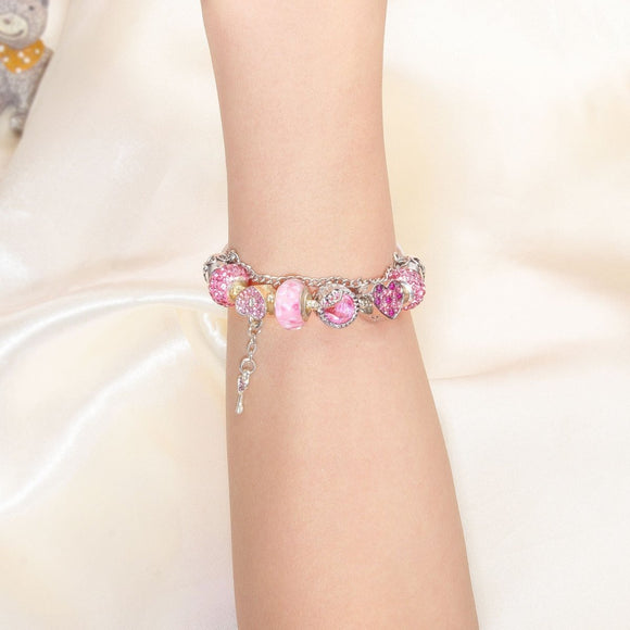Rhinestone Heart & Bead Alloy Plated Bracelet with Happy Lock Pendant(18cm) - RnR Galore