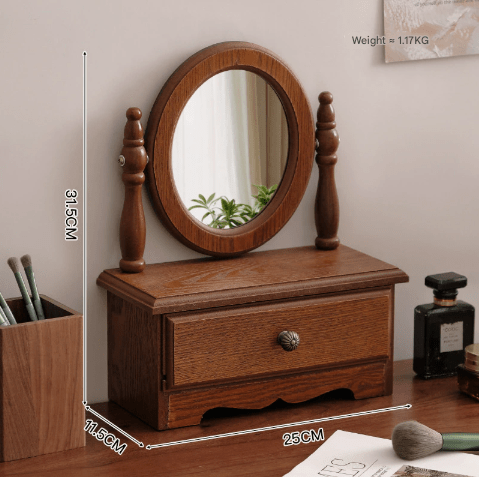 Round Mirror with Drawer Orbicular Wooden Tabletop Vanity Mirror Elegant Design - RnR Galore