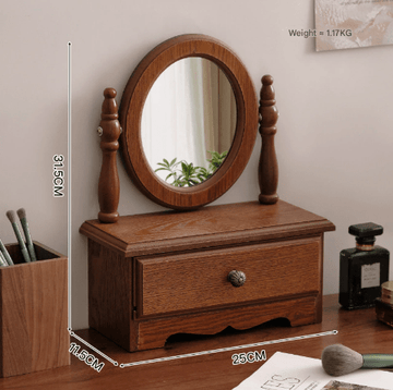 Round Mirror with Drawer Orbicular Wooden Tabletop Vanity Mirror Elegant Design - RnR Galore