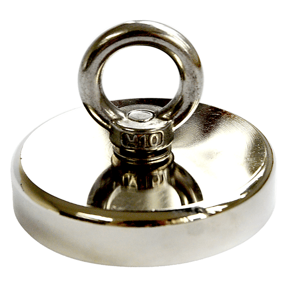 Round Neodymium Fishing Magnet with Countersunk Hole and Eyebolt, 500 LBS pull - RnR Galore