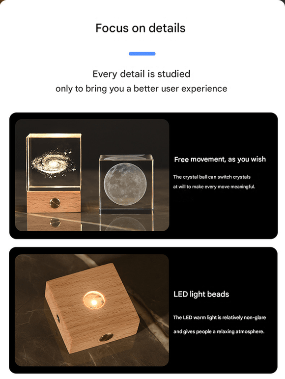 Saturn Luminous 3D Crystal Cube Night Light - Laser Engraved Artwork with Solid Wood Base - RnR Galore