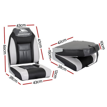 Seamanship 2X Folding Boat Seats Marine Seat Swivel High Back 12cm Padding Black - RnR Galore