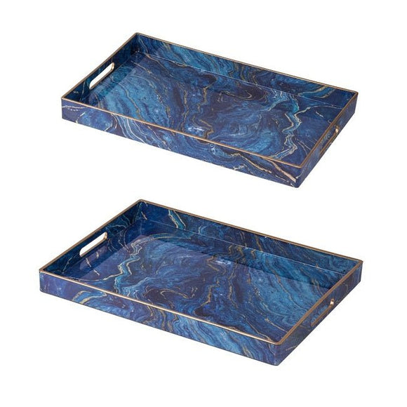 Set 2 Marble Patterned Blue Rectangular Trays 48cm - RnR Galore