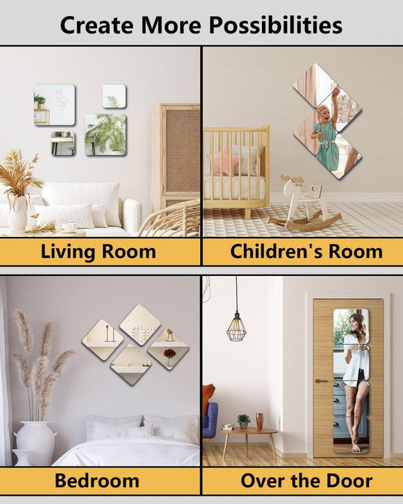 Shatterproof Acrylic Mirror Tiles – 4 - Pack Wall Stickers for Kids, Home Gym, Bedroom & Bathroom, Easy Peel - and - Stick Decorative Mirrors with Double - Sided Tape (Silver,12" x 12") - RnR Galore