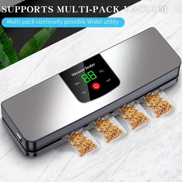 silver Rechargeable Vacuum Sealer with USB Port, designed for preserving food in both dry and wet environments, equipped with an LED screen, ideal for travel and camping. - RnR Galore