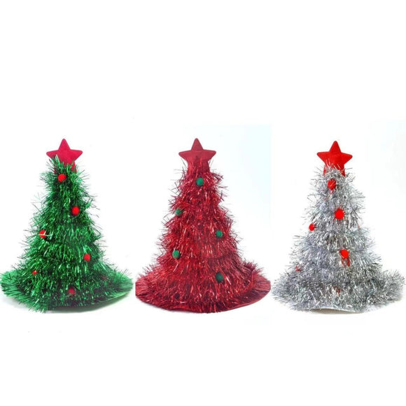 Silver Sparkly Tinsel Christmas Tree Hat - Festive Holiday Party Headwear for Adults & Kids - RnR Galore