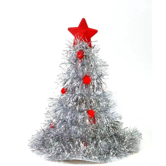 Silver Sparkly Tinsel Christmas Tree Hat - Festive Holiday Party Headwear for Adults & Kids - RnR Galore