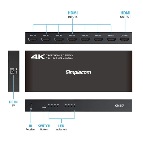Simplecom CM317 7 - Port HDMI 2.0 Switch with Remote 7 IN 1 OUT Splitter HDCP 2.2 4K@60Hz - RnR Galore