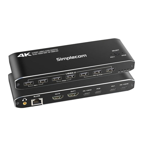 Simplecom KM590 2 - Port USB - C Dual 4K HDMI Monitor KVM Switch and Docking Station with Network Sharing - RnR Galore