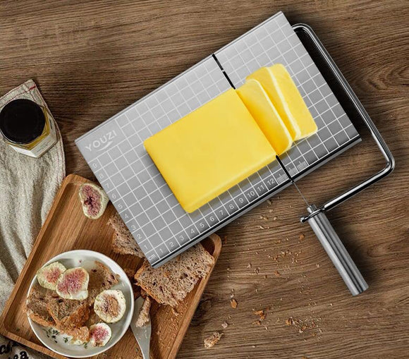Stainless Steel Cheese Slicer with 10 Replacement Wires – Precision Grid Cutting Board, Ergonomic Handle, Easy to Clean – Ideal for Butter, Cake, Soft Cheese (Silver) - RnR Galore