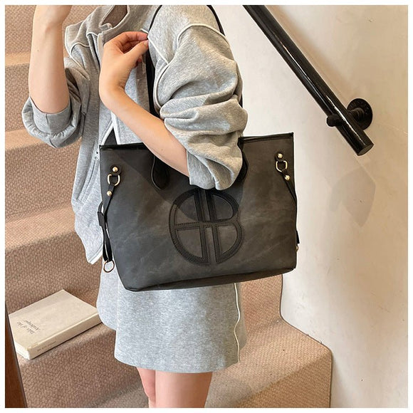 Stylish Large Capacity Tote Bag with PU Leather Trim & Logo Detail(Beige with brown) - RnR Galore