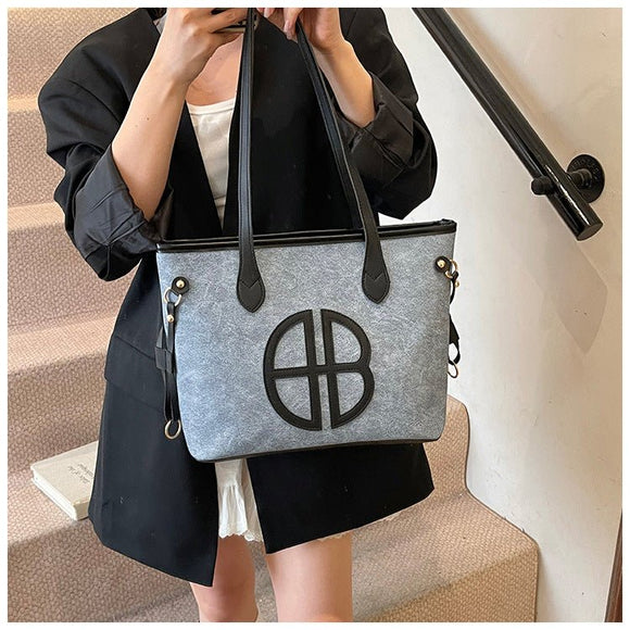Stylish Large Capacity Tote Bag with PU Leather Trim & Logo Detail(black) - RnR Galore
