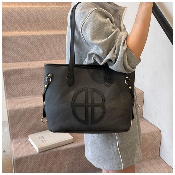 Stylish Large Capacity Tote Bag with PU Leather Trim & Logo Detail(black) - RnR Galore