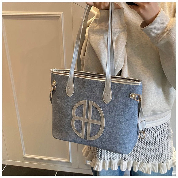 Stylish Large Capacity Tote Bag with PU Leather Trim & Logo Detail(Blue and Brown) - RnR Galore