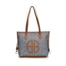 Stylish Large Capacity Tote Bag with PU Leather Trim & Logo Detail(Blue and Brown) - RnR Galore