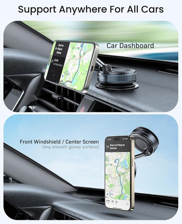 Suction Cup Phone Mount , 360° Adjustable Magnetic Car Phone Holder, Pocket Size Foldable Car Mount, Cell Phone Holders for Your Car for iPhone Series - Black - RnR Galore