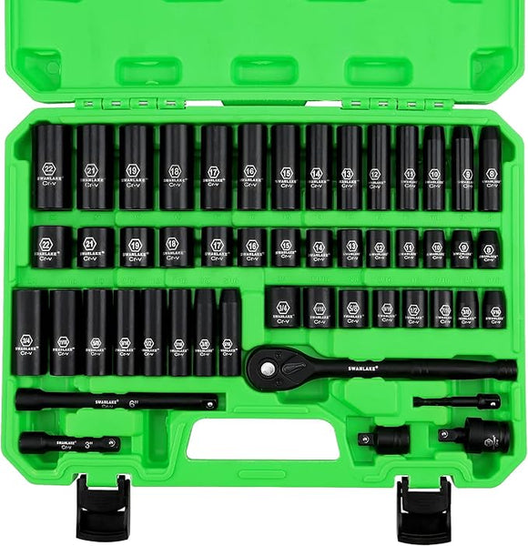 SWANLAKE 3/8" Drive Impact Socket Set, 50 - Piece Standard SAE (5/16 to 3/4 inch) and Metric (8 - 22mm) Size, 6 Point, Cr - V, 3/8 - Inch Ratchet Handle, Extension Bar, Universal Joint - RnR Galore