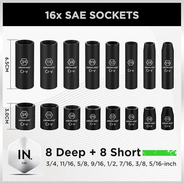 SWANLAKE 3/8" Drive Impact Socket Set, 50 - Piece Standard SAE (5/16 to 3/4 inch) and Metric (8 - 22mm) Size, 6 Point, Cr - V, 3/8 - Inch Ratchet Handle, Extension Bar, Universal Joint - RnR Galore