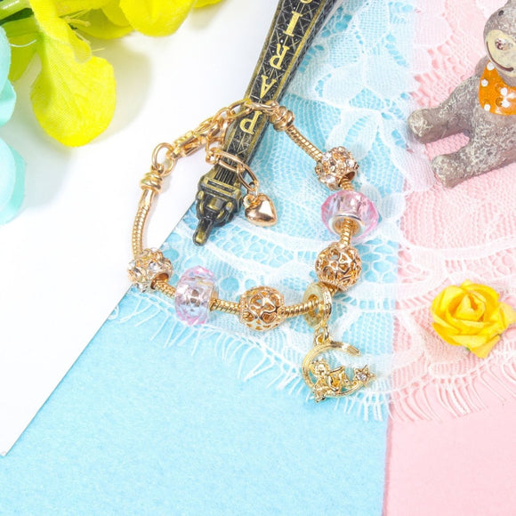 Sweet Style Crystal Rhinestone Gold Star Moon Pendant Cute Pink Bead Bracelet(16cm) - RnR Galore