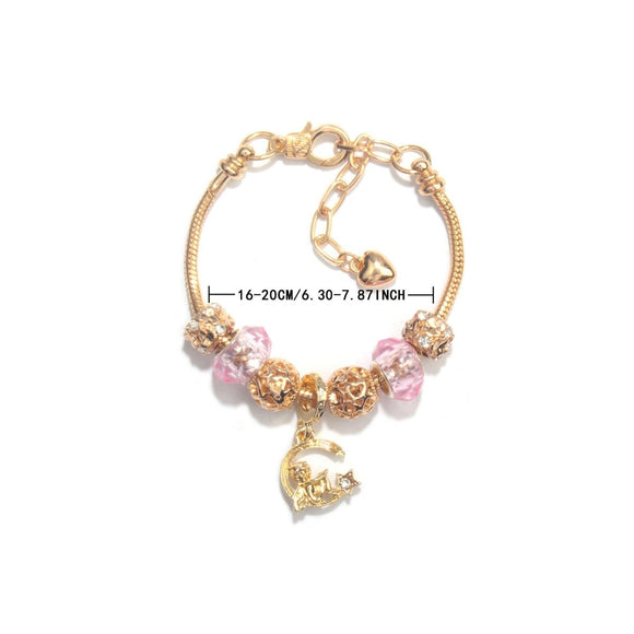 Sweet Style Crystal Rhinestone Gold Star Moon Pendant Cute Pink Bead Bracelet(17cm) - RnR Galore