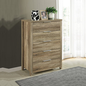 Tallboy with 5 Storage Drawers Natural Wood like MDF in Oak Colour - RnR Galore