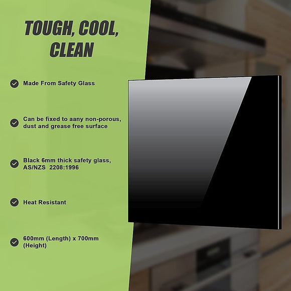 Toughened 60cm x 70cm Black Glass Kitchen Splashback - RnR Galore