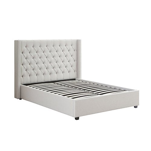 Veronica Bed Frame King Size Winged Grey Linen Fabric Seam Grid Pattern with gas lift plywood metal structure - RnR Galore