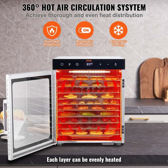 VEVOR 10 Trays Food Dehydrator Machine Stainless Steel 800W Jerky Fruit Drying - RnR Galore