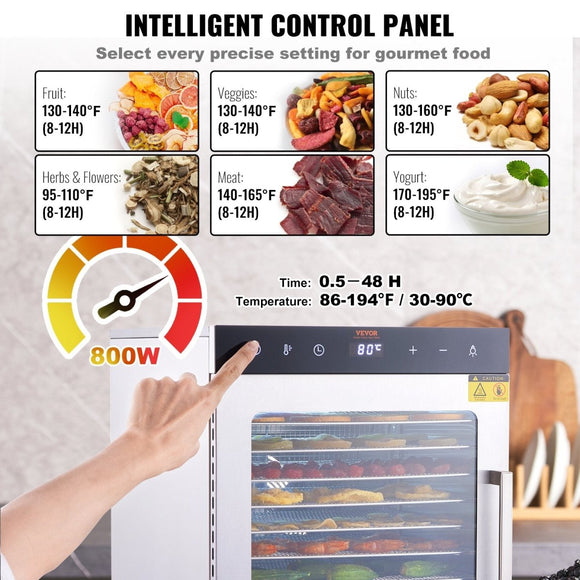 VEVOR 10 Trays Food Dehydrator Machine Stainless Steel 800W Jerky Fruit Drying - RnR Galore