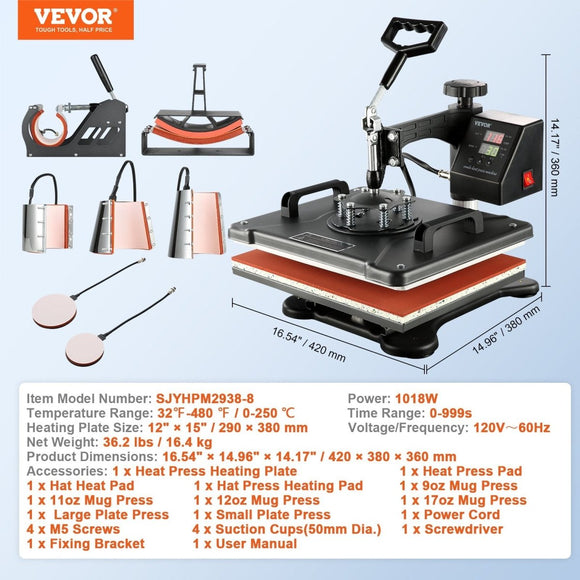 VEVOR 1400W Heat Press Machine 8 In 1 Sublimation Steel Frame Heat Presses with Temperature And Time Control (12X15INCH 8IN1) - RnR Galore
