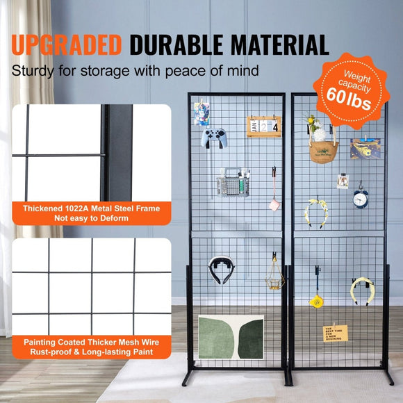 VEVOR 2' x 5.6' Grid Wall Panels Tower, 2 Packs Wire Gridwall Display Racks with T - Base Floorstanding, Double Side Gridwall Panels for Art Craft Shows, Retail Display with Extra Clips and Hooks - RnR Galore
