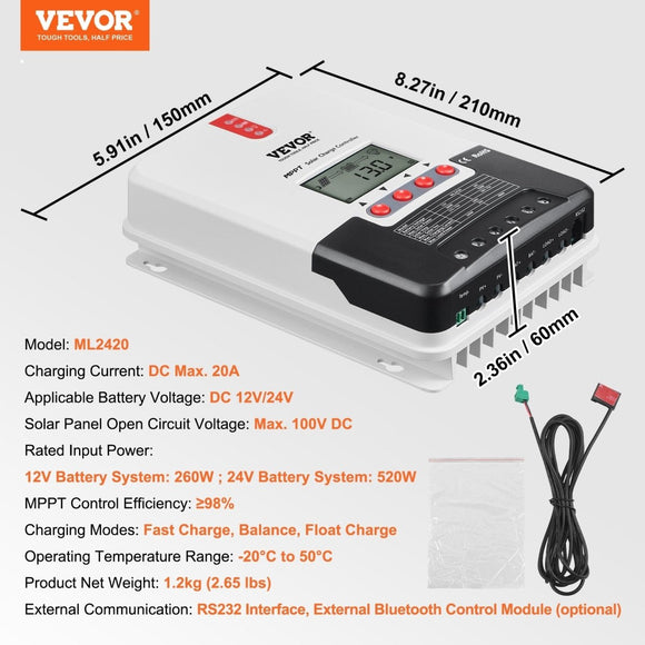 VEVOR 20A MPPT Solar Charge Controller with LCD Display - for Sealed, Gel, Flooded, Lithium Battery - RnR Galore