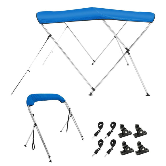 VEVOR 3 Bow Bimini Top Boat Cover, 900D Polyester Canopy with 1" Aluminum Alloy Frame, Waterproof and Sun Shade, Includes Storage Boot, 2 Support Poles, 4 Straps, 6'L x 46"H x 61" - 66"W, Pacific Blue - RnR Galore