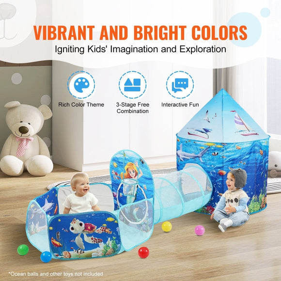 VEVOR 3 in 1 Kids Play Tent with Tunnel, Basketball Hoop for Boys, Girls, Babies and Toddlers, Indoor/Outdoor Pop Up Playhouse with Carrying Bag & Banding Straps Birthday Gifts, Blue Ocean - RnR Galore