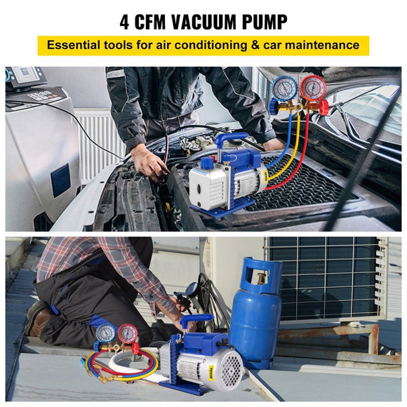 Vevor 4CFM 1/4HP Rotary Vane Vacuum Pump + R134AManifold Gauge Tester Charging +Hose - RnR Galore