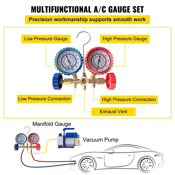 Vevor 4CFM 1/4HP Rotary Vane Vacuum Pump + R134AManifold Gauge Tester Charging +Hose - RnR Galore