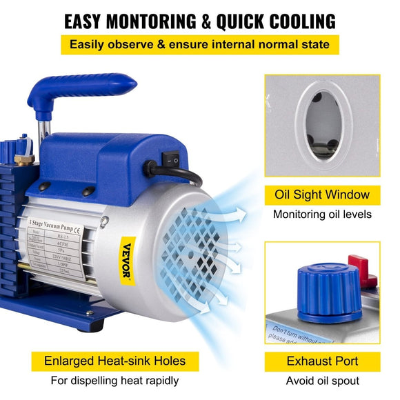 Vevor 4CFM 1/4HP Rotary Vane Vacuum Pump + R134AManifold Gauge Tester Charging +Hose - RnR Galore
