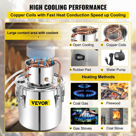 VEVOR 50L Water Alcohol Distiller Copper Moonshinestill Brewing w/ Water Pump - RnR Galore