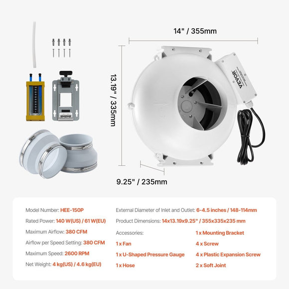 VEVOR 6" to 4.5" Radon Mitigation Fan System Kit Quiet 380 CFM Inline Duct Fan - RnR Galore