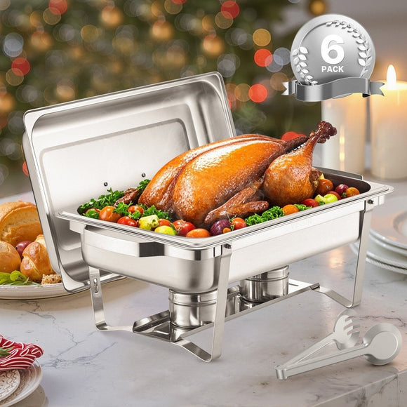 VEVOR 8 Qt 6 Pack Rectangle Chafing Dish Buffet Set Fullsize Pan Stainless Steel - RnR Galore