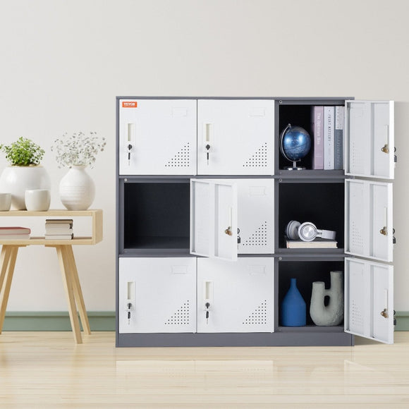 VEVOR 9 Doors Metal Storage Cabinet Employees Steel Storage Cabinet Office Gray - RnR Galore