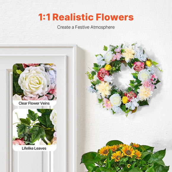 VEVOR Artificial Decorative Wreath 60.96 cm White Pink Yellow Peonies Hydrangeas - RnR Galore