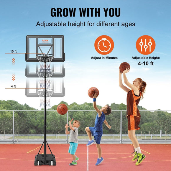 VEVOR Basketball Hoop, 4 - 10 ft Adjustable Height Portable Backboard System, 44 inch Basketball Hoop & Goal, Kids & Adults Basketball Set with Wheels, Stand, and Fillable Base, for Outdoor/Indoor - RnR Galore