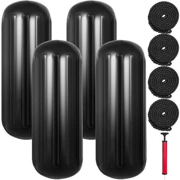 VEVOR Boat Fenders, 10" x 28" Ribbed Fender, 4 Pack Boat Bumpers, Hole Through Middle Ribbed Inflatable Boat Fender with 4 Ropes, for Pontoon Boat Sailboat, Ski Boat, Black - RnR Galore
