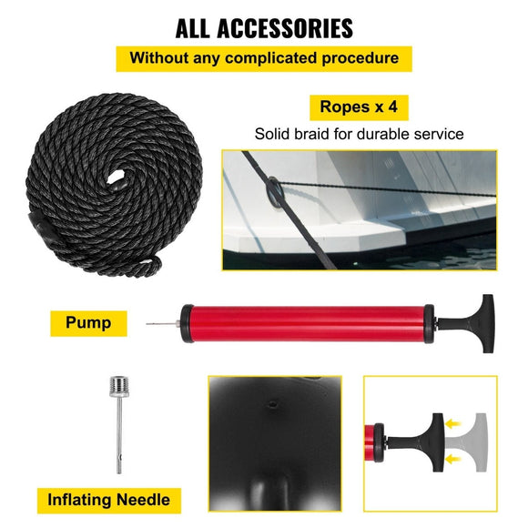VEVOR Boat Fenders, 10" x 28" Ribbed Fender, 4 Pack Boat Bumpers, Hole Through Middle Ribbed Inflatable Boat Fender with 4 Ropes, for Pontoon Boat Sailboat, Ski Boat, Black - RnR Galore