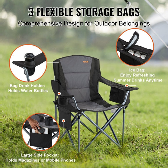 Portable Folding Chair with Cooler Bag for Camping, Beach, Lawn - Black - RnR Galore