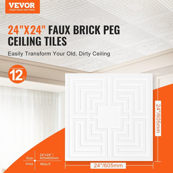 VEVOR Ceiling Tiles 12 - Pack 24 x 24 in PVC Easy Installation White Echo Pattern - RnR Galore