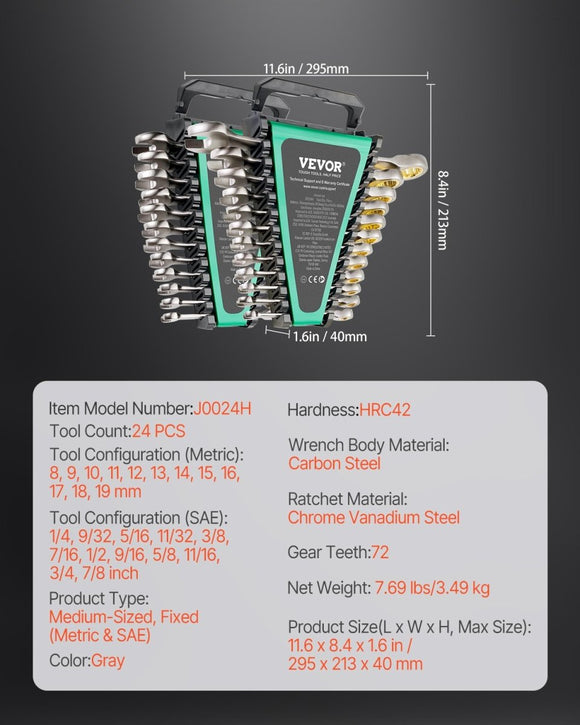 VEVOR Combination Wrench Set 24 PCS SAE 1/4" - 7/8" Metric 8 - 19mm Organizer Rack - RnR Galore