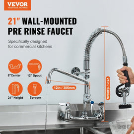 VEVOR Commercial Faucet with Pre - Rinse Sprayer, 21" Height, 8" Center, 12" Swing Spout, Wall Mount Kitchen Sink Faucet, Brass Constructed Device with Pull Down Spray, for 1/2/3 Compartment Sink - RnR Galore